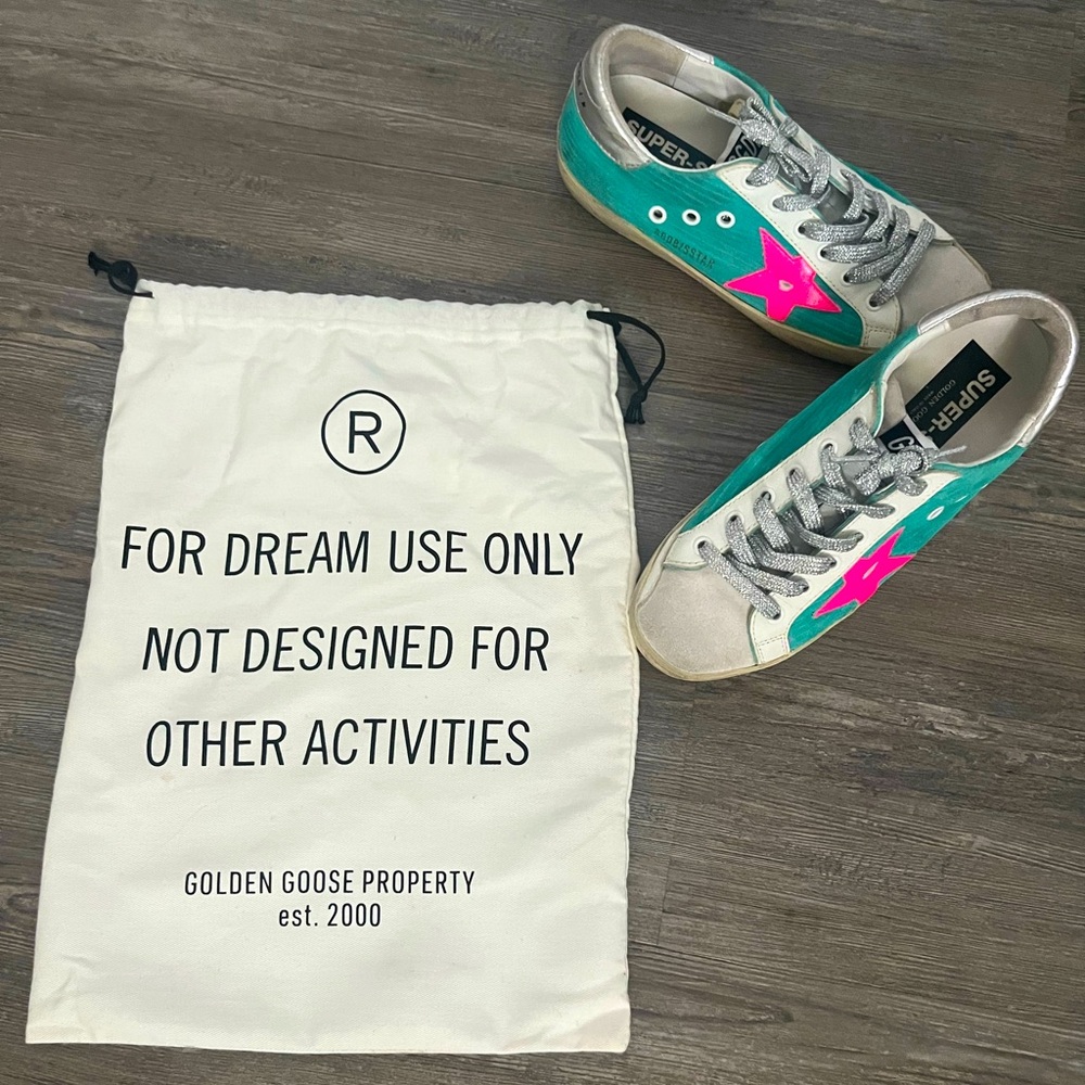Golden Goose Super-Star Sneakers Teal Pink Star Glitter Laces Women’s US 8